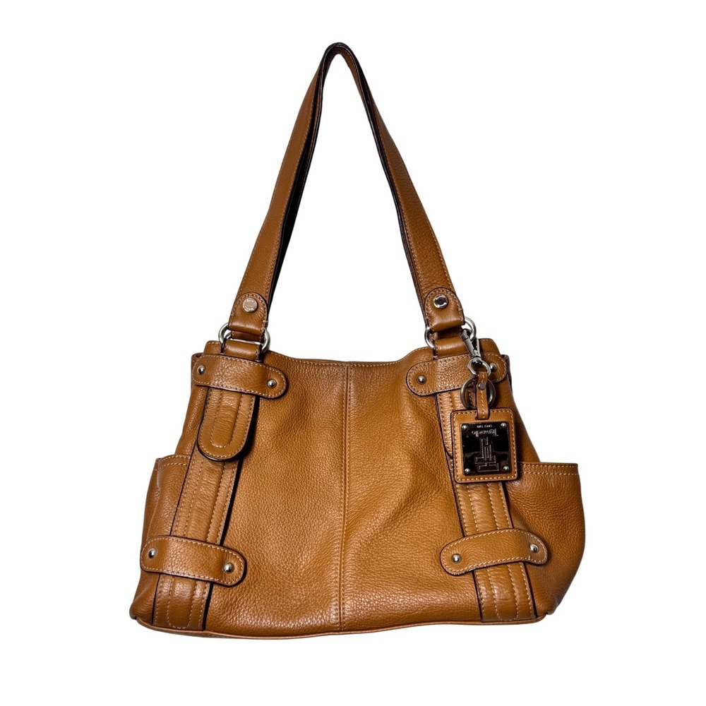 Tignanello Cognac Tan Pebbled Leather Shoulder Bag Hobo Tote Silver Hardware